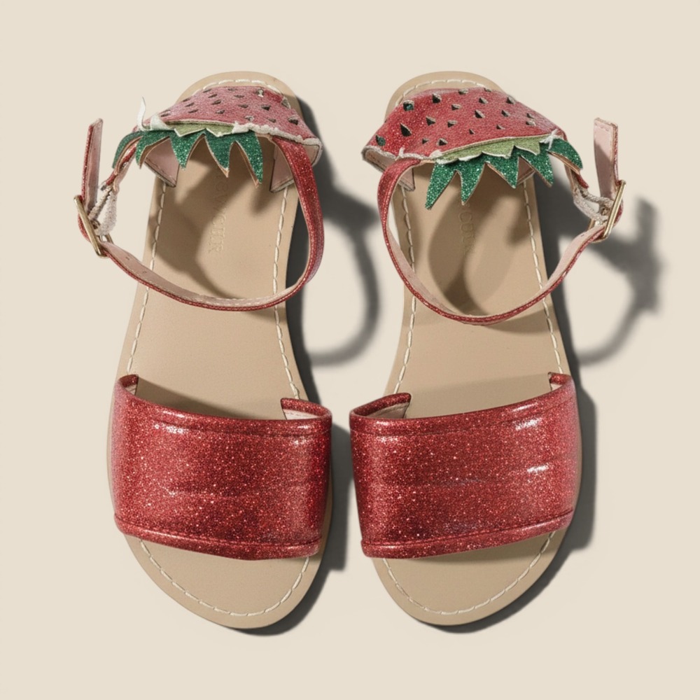 Crewcuts J Crew Girls Red Glitter Strawberry Sandals Ankle Strap Shoes